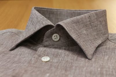 アルビニ・麻・ブラウン  クラシコ・セミワイド  白蝶貝ボタン・標準型